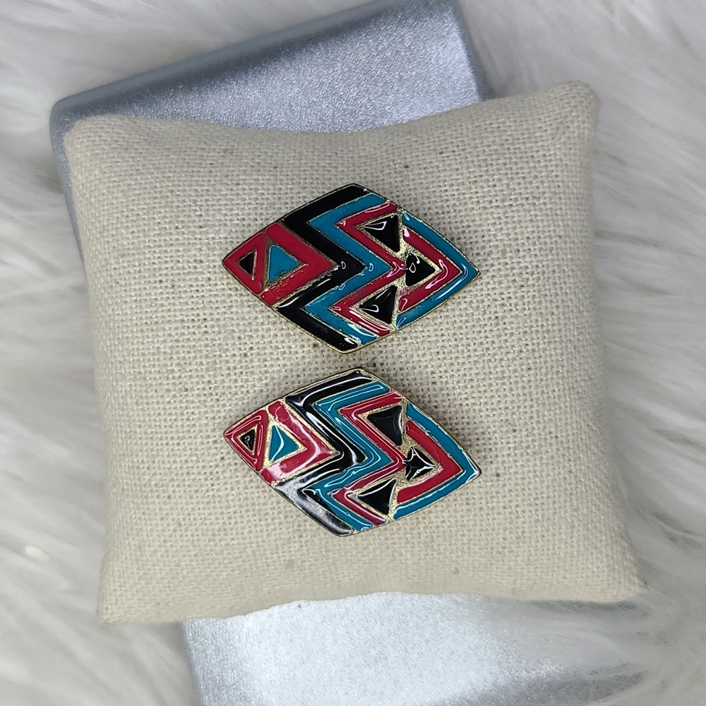 Earrings Southwest  Turquoise Navajo Diamond Shape Enameled Coastal Cowgirl Cute